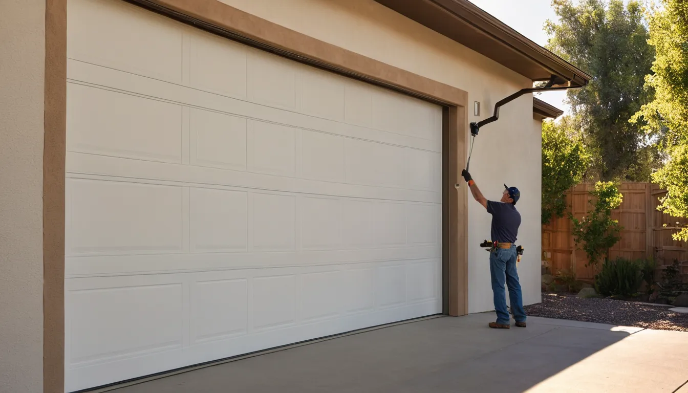 A provider and a homeowner reviewing a newly installed garage door on a stucco home in Walnut Creek