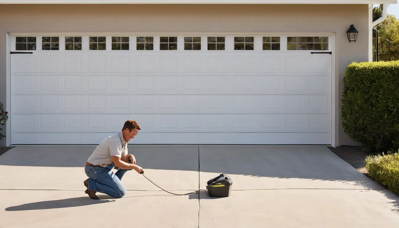 A friendly local provider checking the track on a garage door at a stucco ranch home in Walnut Creek
