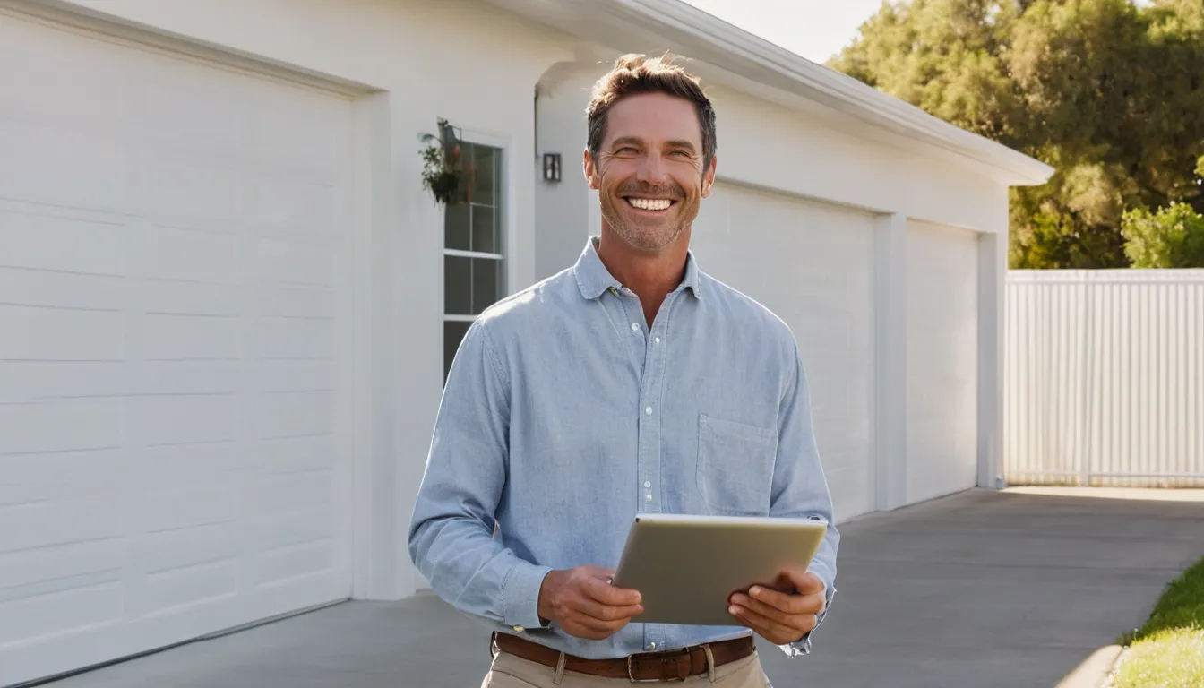 A homeowner looking at a closed garage door on a sunny Walnut Creek street